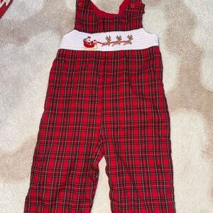 Nursery Rhyme Red Plaid Overalls with Smocked Santa & Reindeer Design